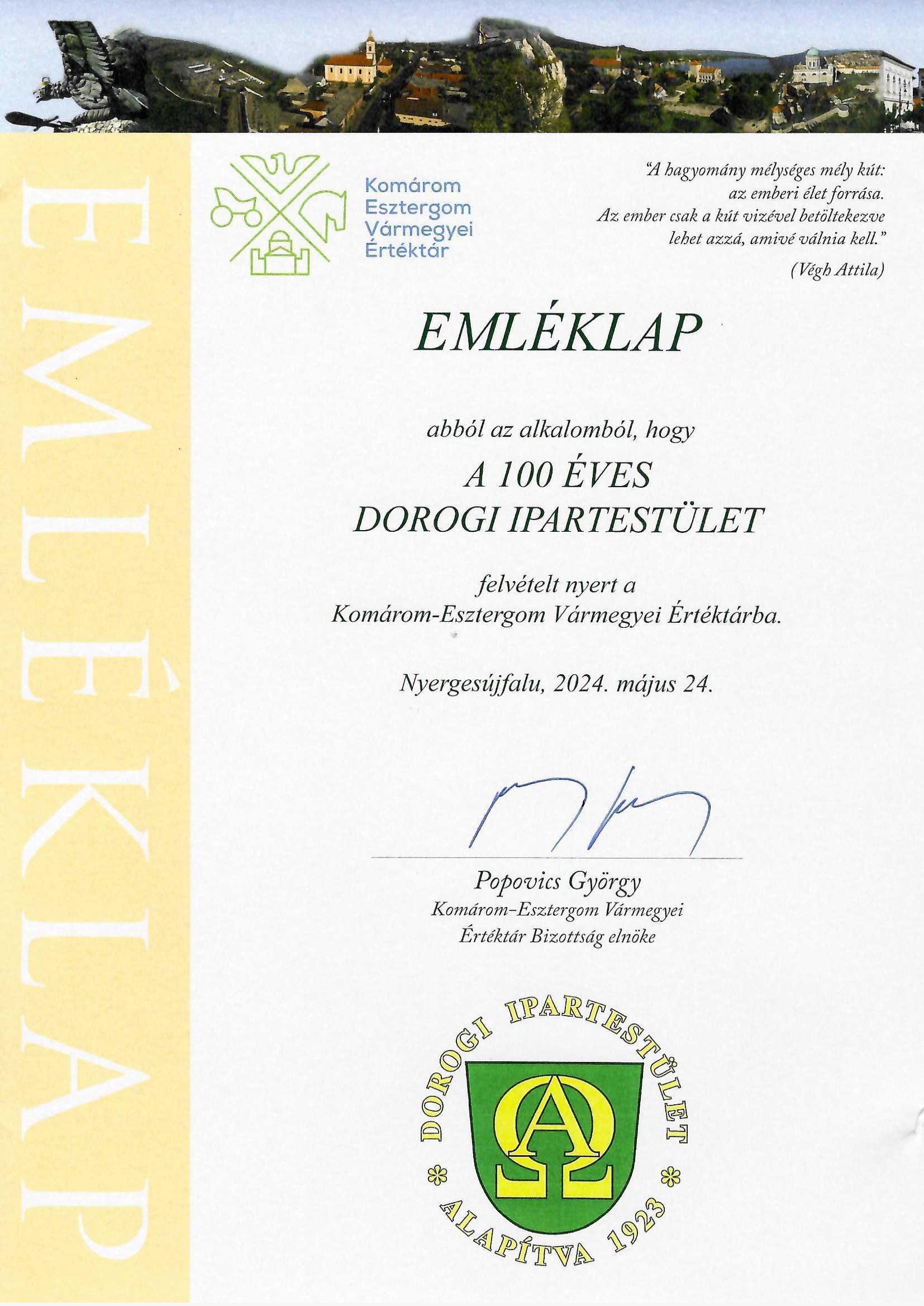 EMLÉKLAP ÉRTÉKTÁR DOROGI IPARTESTÜLET